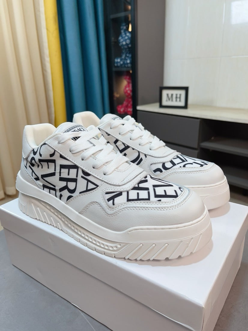 Versace white sneakers with black logo print and cushioned platform sole