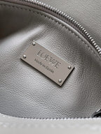 Gray leather bag with metal Loewe 'Made in Spain' plate and zipper trim