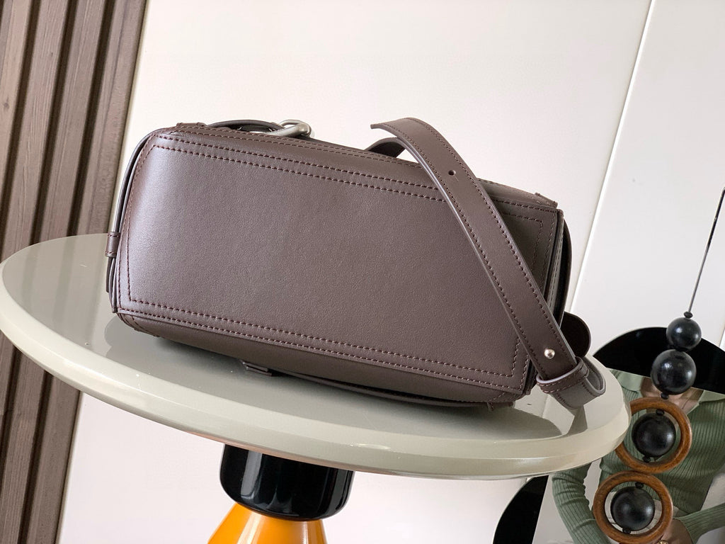 Loewe men’s leather crossbody bag in dark taupe, slanted strap and top handle