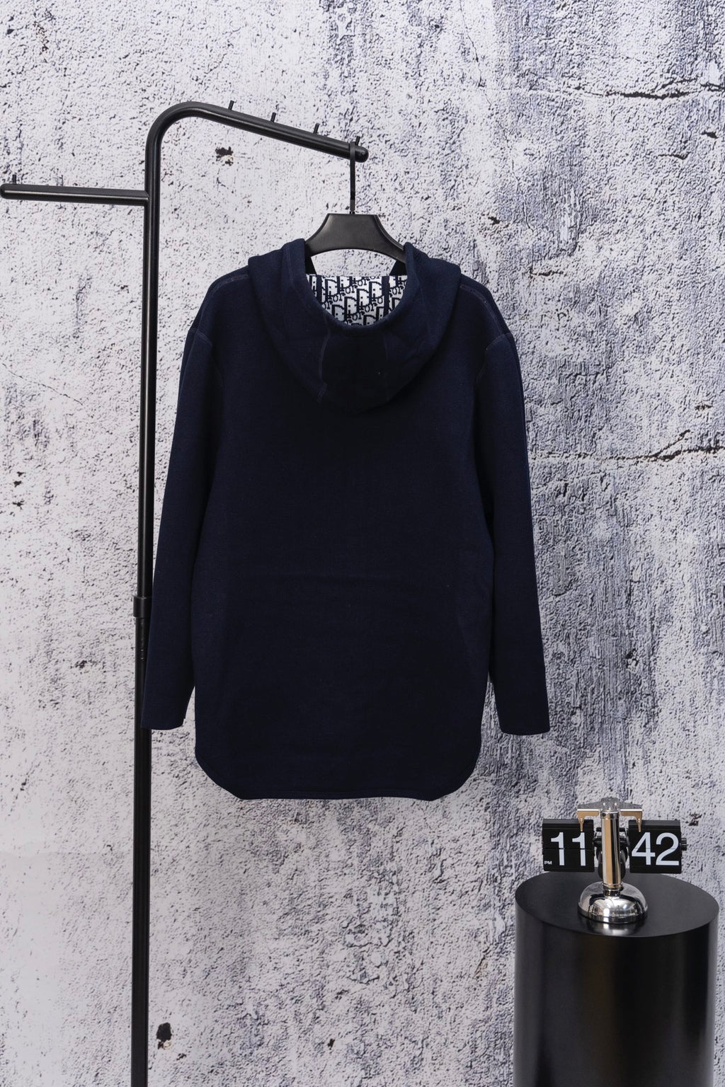 Navy hooded sweatshirt, long sleeves, front view