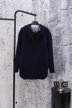 Navy hooded sweatshirt, long sleeves, front view