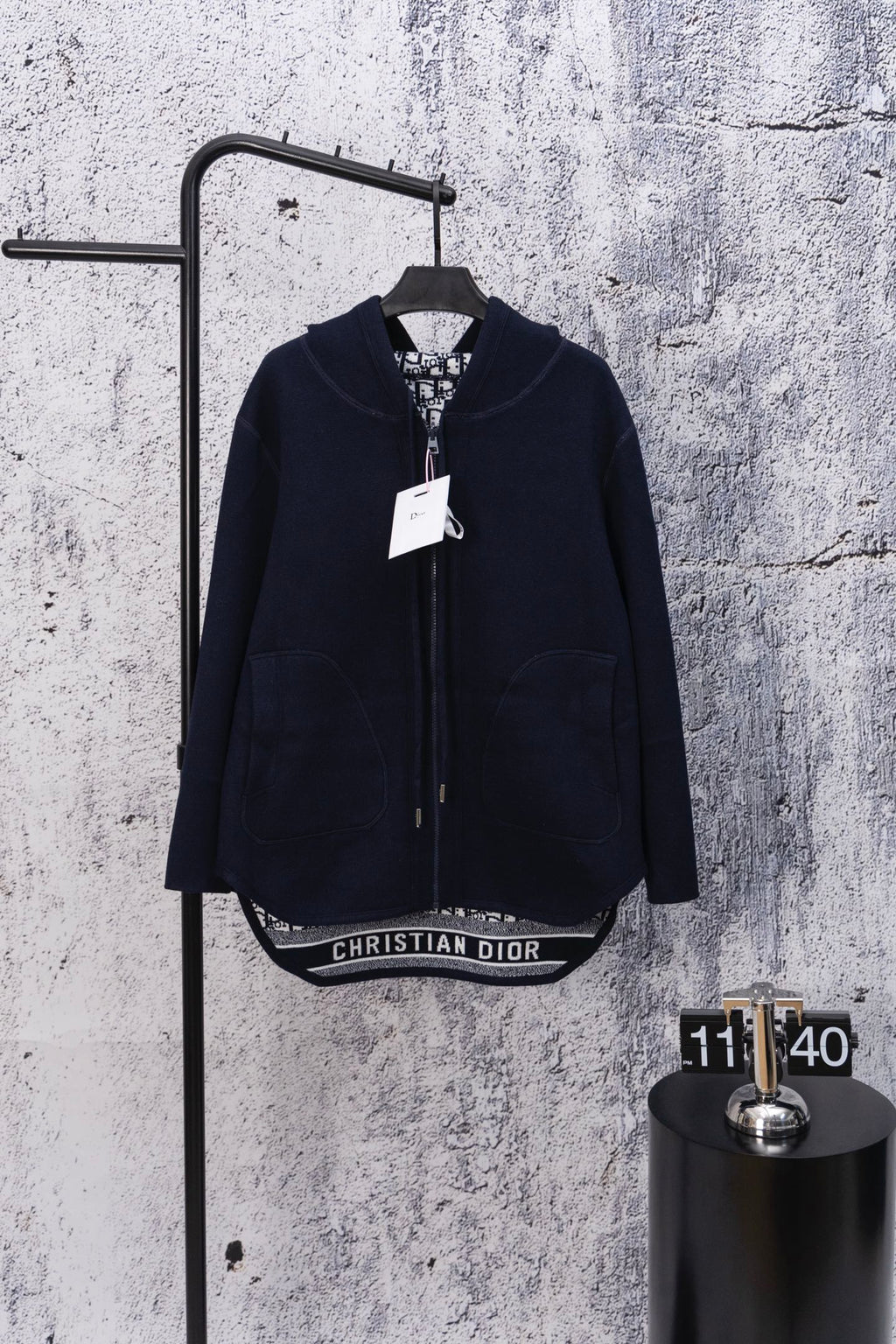 Dior zip-up hooded sweatshirt, dark navy, front with zipper and logo waistband