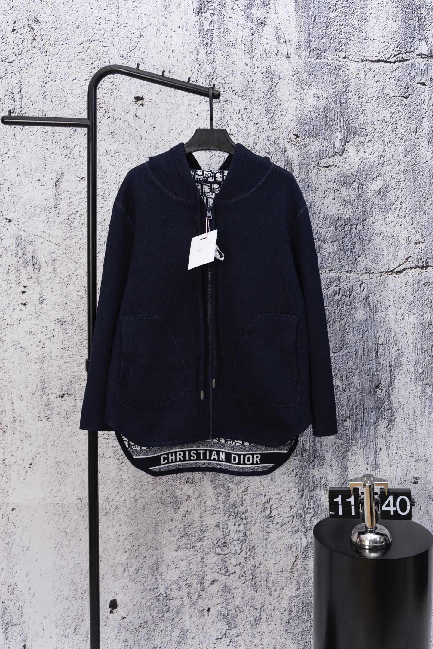 Dior zip-up hooded sweatshirt, dark navy, front with zipper and logo waistband