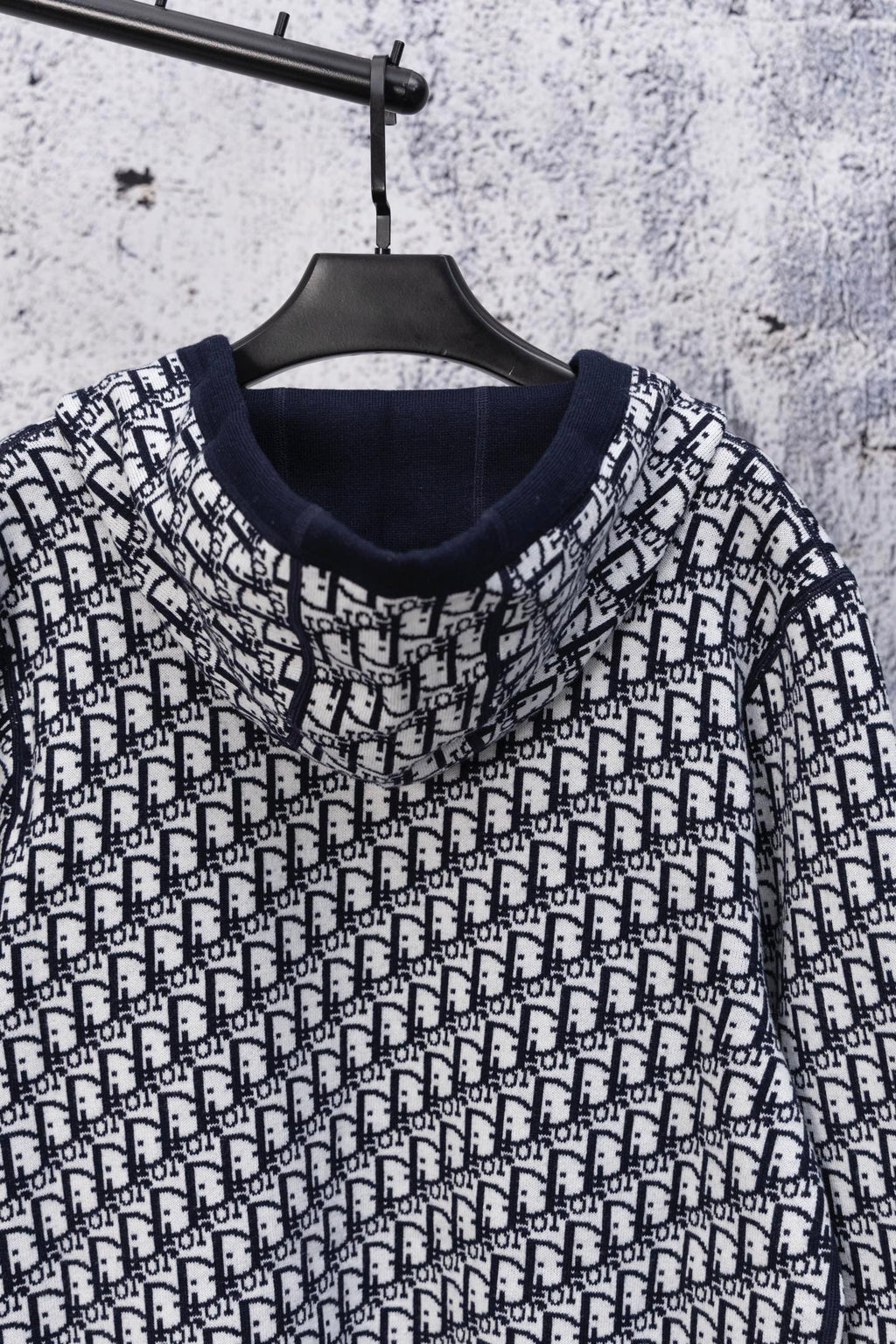 Dior hooded long-sleeve top with white geometric Dior monogram pattern