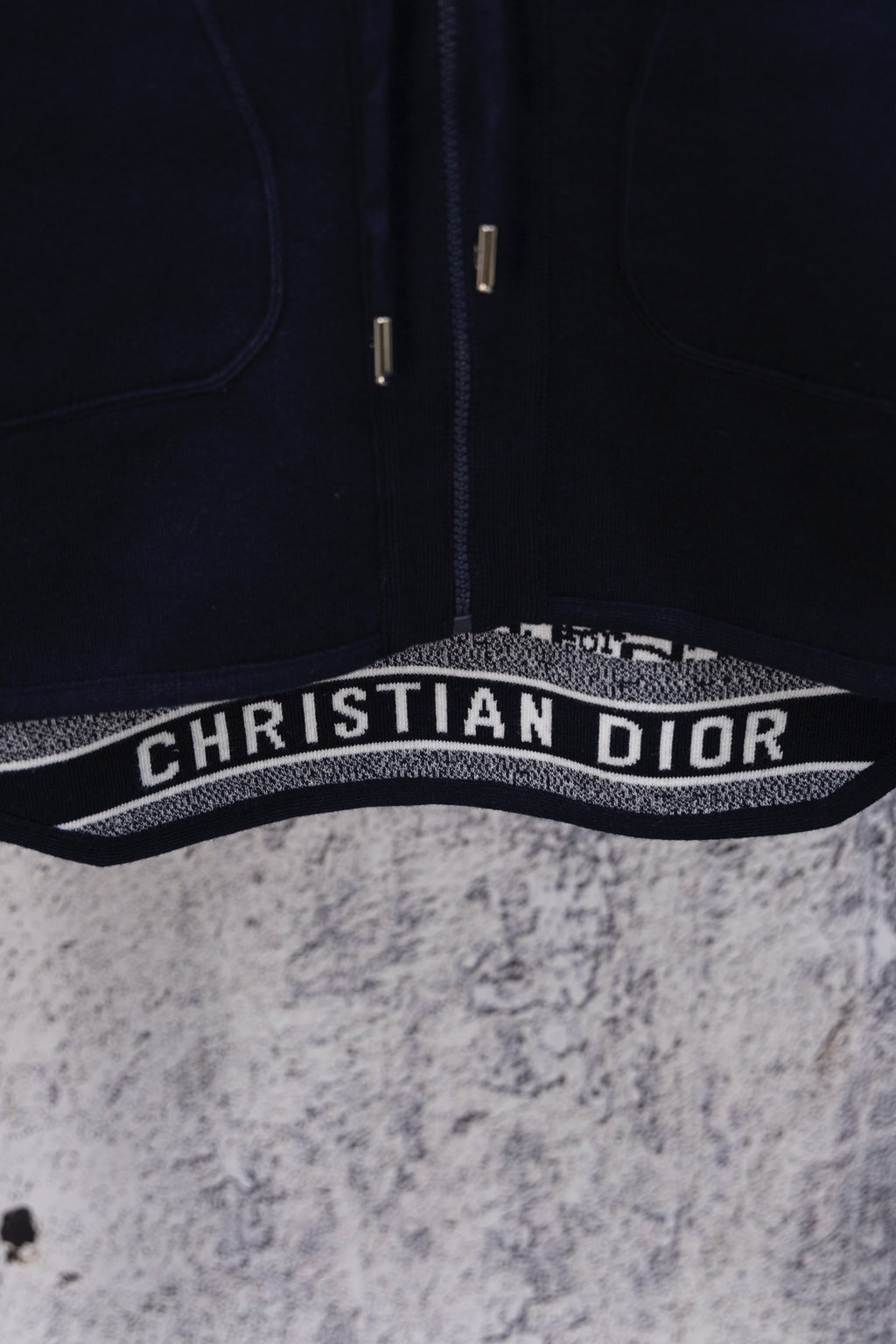 Dior hooded top with navy zip and CHRISTIAN DIOR logo waistband trim