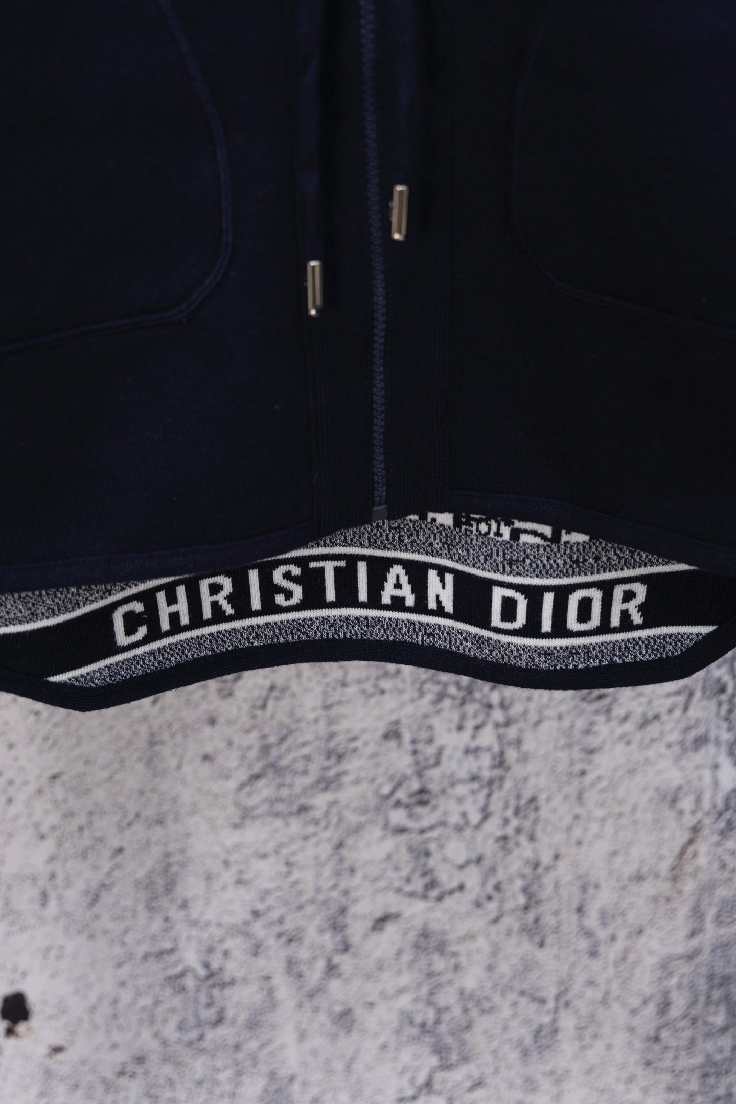 Dior hooded top with navy zip and CHRISTIAN DIOR logo waistband trim