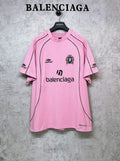 Balenciaga short-sleeve T-shirt, pink with black logo and crest on the front