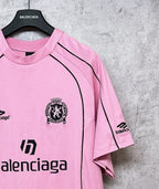 Balenciaga short-sleeve T-shirt, pink sleeve and chest detail with logo prints