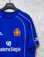 Blue short-sleeve jersey shoulder and sleeve with white stripe and small logo