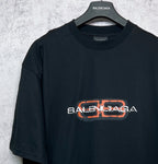 Balenciaga black short-sleeve T-shirt with centered logo graphic, crew neck