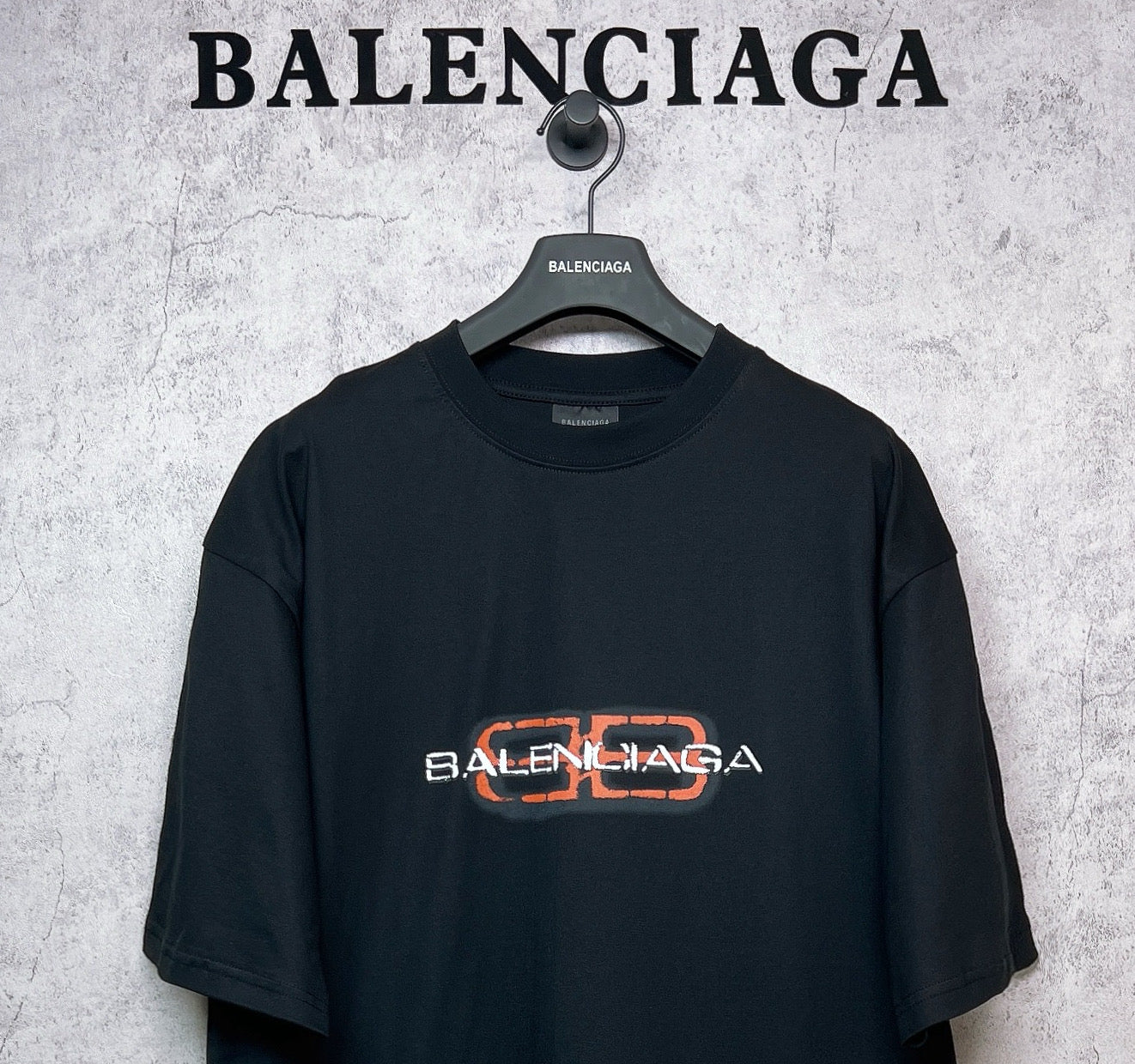 Balenciaga black short-sleeve T-shirt with chest logo graphic, crew neck