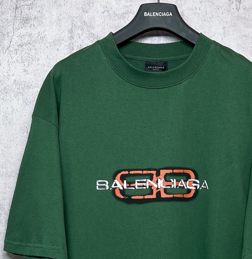 Green T-shirt chest view with Balenciaga logo print