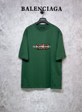 Green T-shirt with Balenciaga logo print on chest, short sleeves