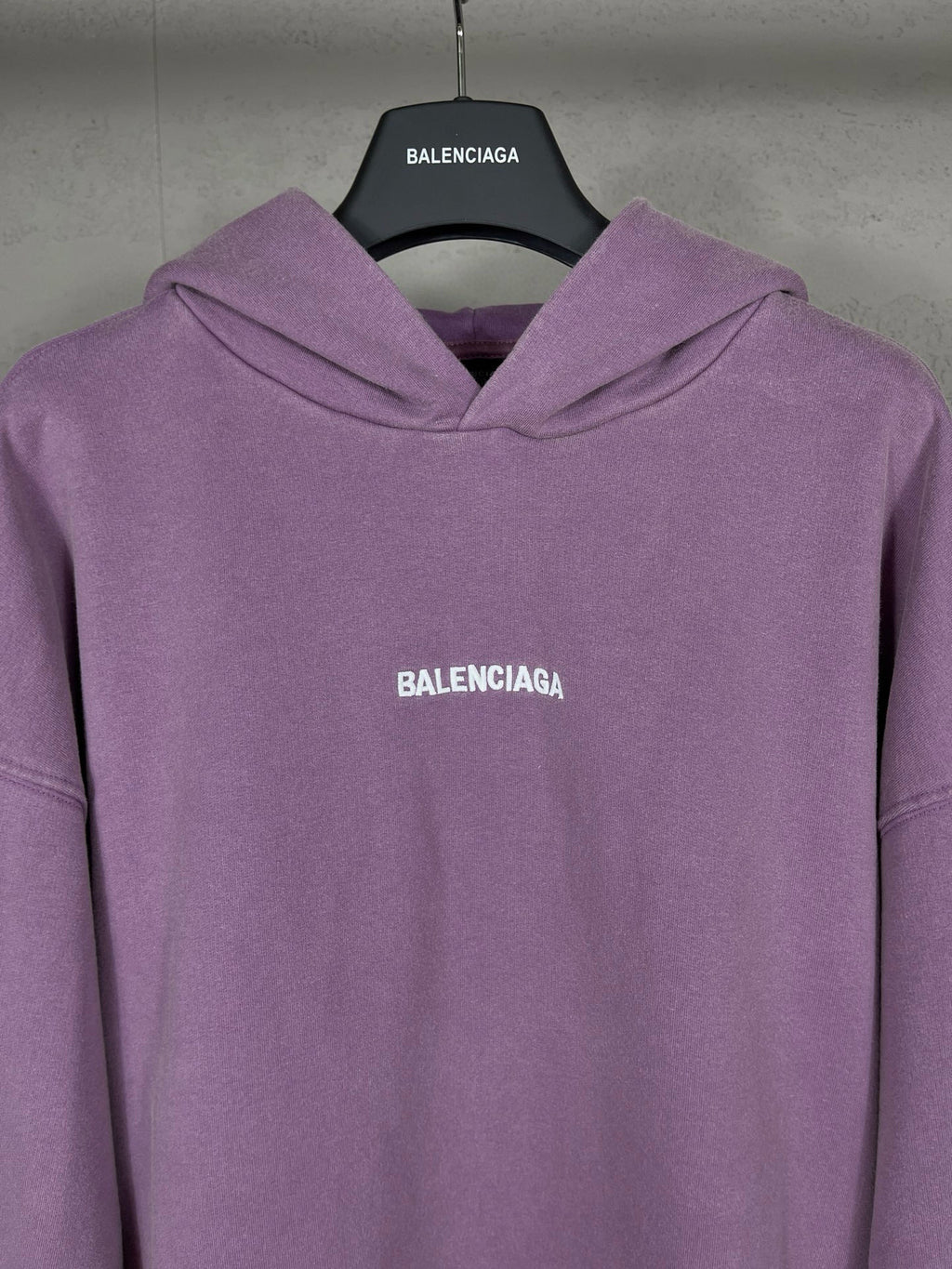 Purple long hoodie with draped cowl hood and small chest BALENCIAGA logo.