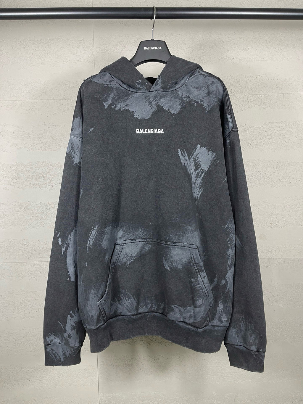 Balenciaga long-sleeve hoodie with distressed graphic print and kangaroo pocket, dark gray