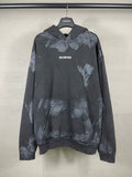 Balenciaga long-sleeve hoodie with distressed graphic print and kangaroo pocket, dark gray