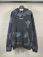 Balenciaga long-sleeve hoodie with distressed graphic print and kangaroo pocket, dark gray