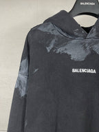 Balenciaga long-sleeve hoodie with hood, small chest logo text, distressed dark gray print