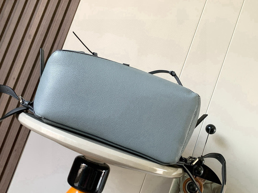 Loewe leather backpack bag, light blue, long top zip and smooth back panel