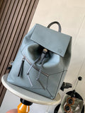 Loewe men's leather backpack in light blue with front flap and drawstring cords