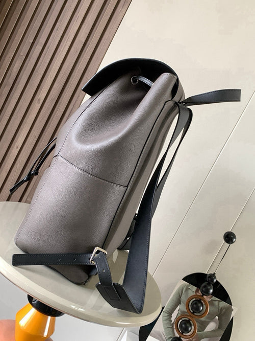 Loewe men’s bag, metallic gray, open top with black lining and shoulder straps