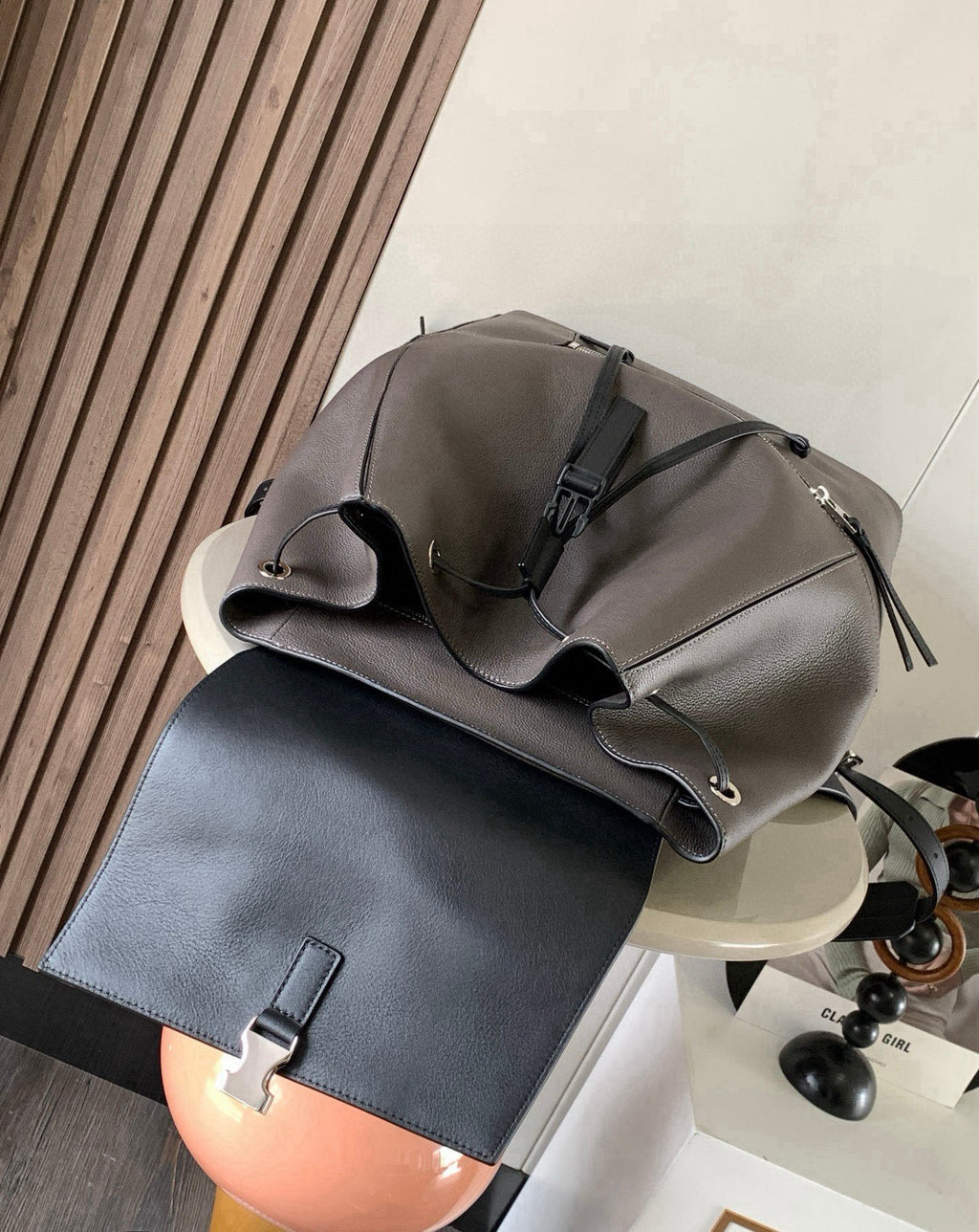 Loewe men’s bag, olive-gray with black panel, top handle and shoulder straps