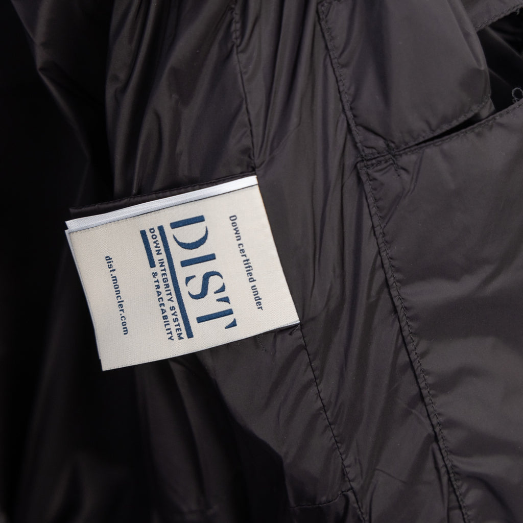 Moncler long puffer jacket label on inner chest