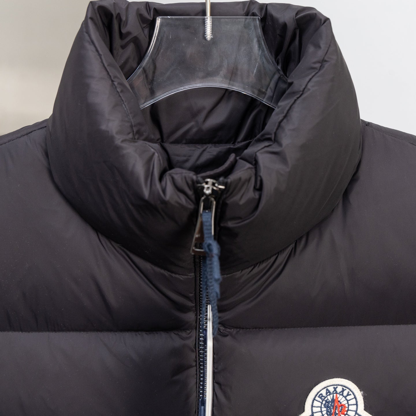 Moncler hooded puffer vest, black, top zipper and inner hood lining