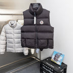 Moncler hooded puffer vest, black, front zipper and logo patch