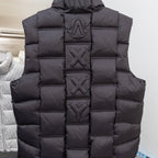 Moncler hooded puffer vest back, black, sculpted letter quilting panel