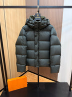 Burberry dark green hooded puffer jacket, zip front, quilted panels, high collar