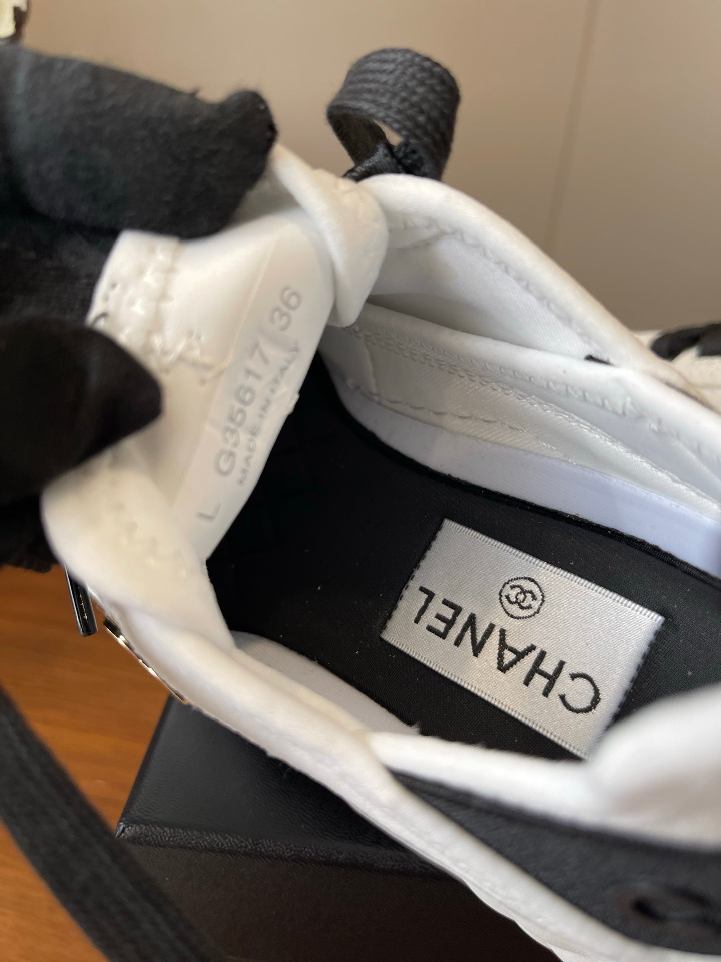 Sneaker interior with CHANEL label and light-colored lining