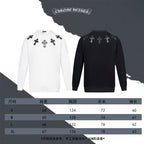 Two long-sleeve crewneck sweatshirts: white and black with cross motifs