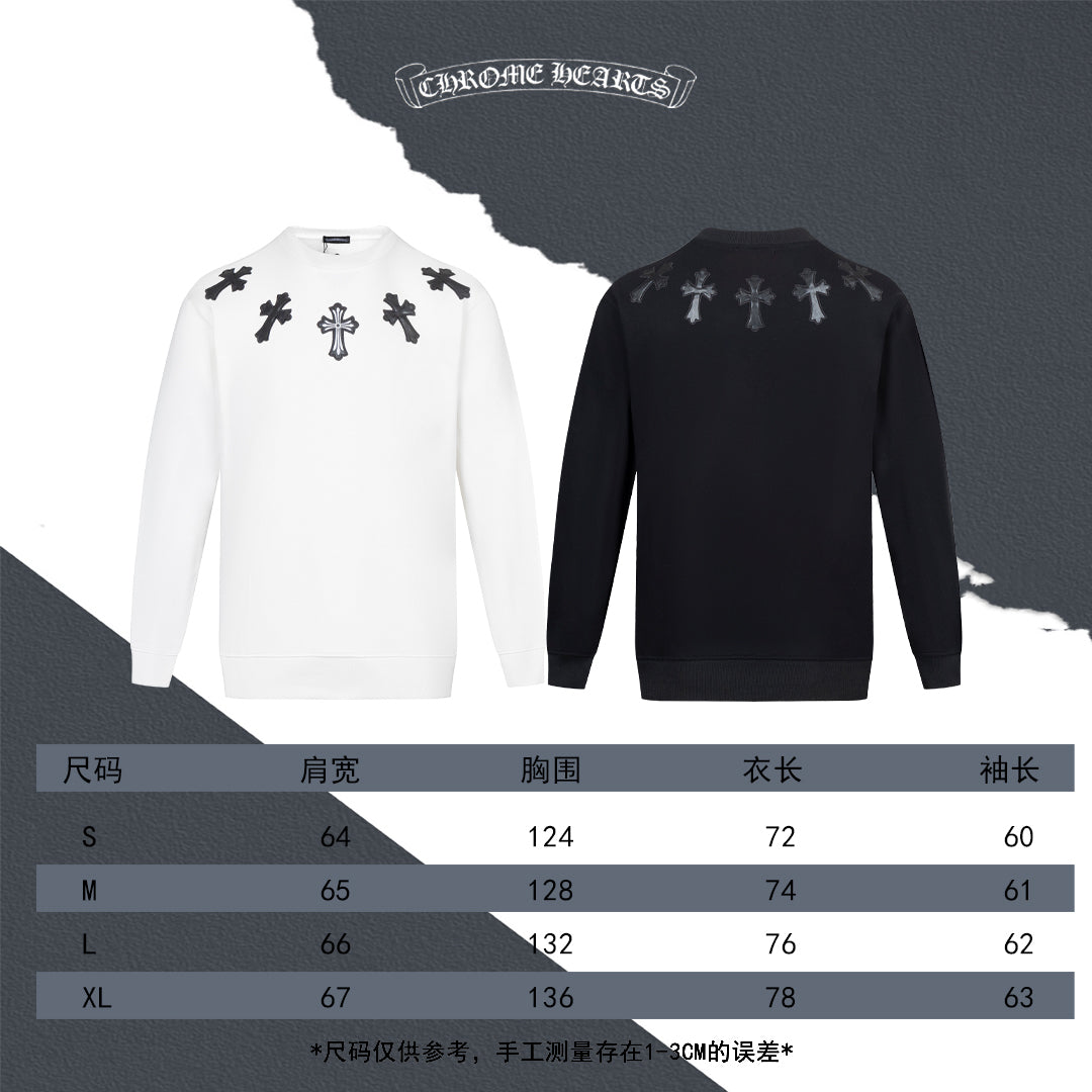 Two long-sleeve crewneck sweatshirts: white and black with cross motifs