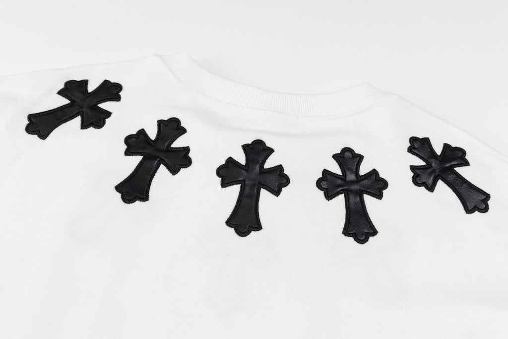 White crewneck sweatshirt with multiple black cross appliques