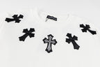White crewneck sweatshirt with scattered black cross appliques