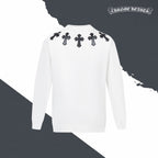 White long-sleeve crewneck sweatshirt with black cross print on back