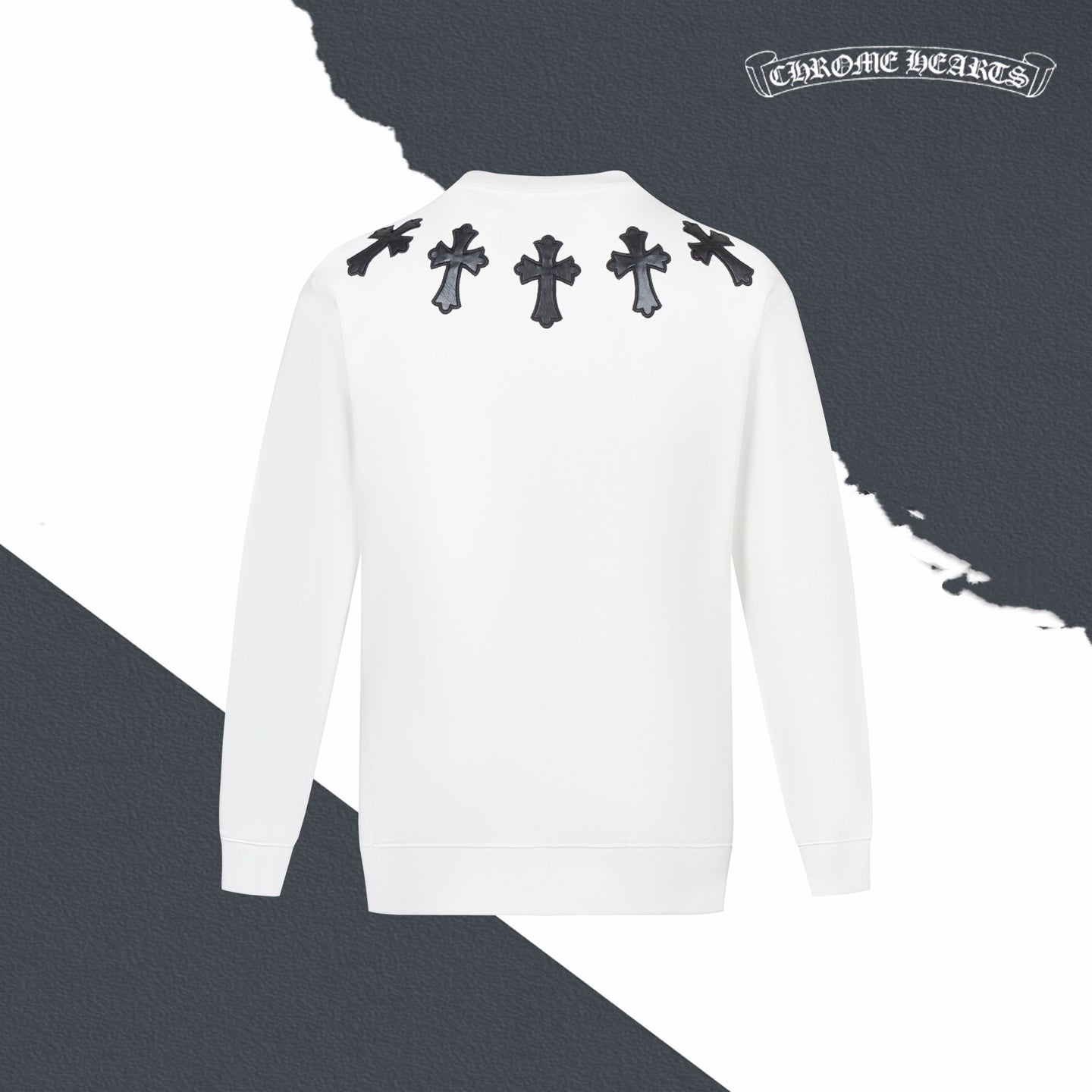 White long-sleeve crewneck sweatshirt with black cross print on back