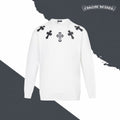 White long-sleeve crewneck sweatshirt with black cross appliques
