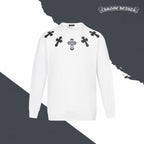 White long-sleeve crewneck sweatshirt with black cross appliques