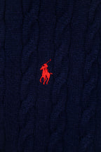 Navy knit sweater with small red Polo pony logo at chest