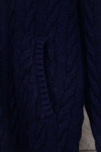 Navy knit quarter-zip sweater close-up of textured cable knit and placket