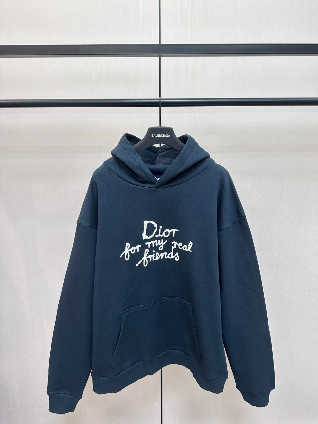 Dior dark blue hoodie with white 'Dior for my real friends' graphic and front pocket