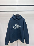 Dior dark blue hoodie with white 'Dior for my real friends' graphic and front pocket