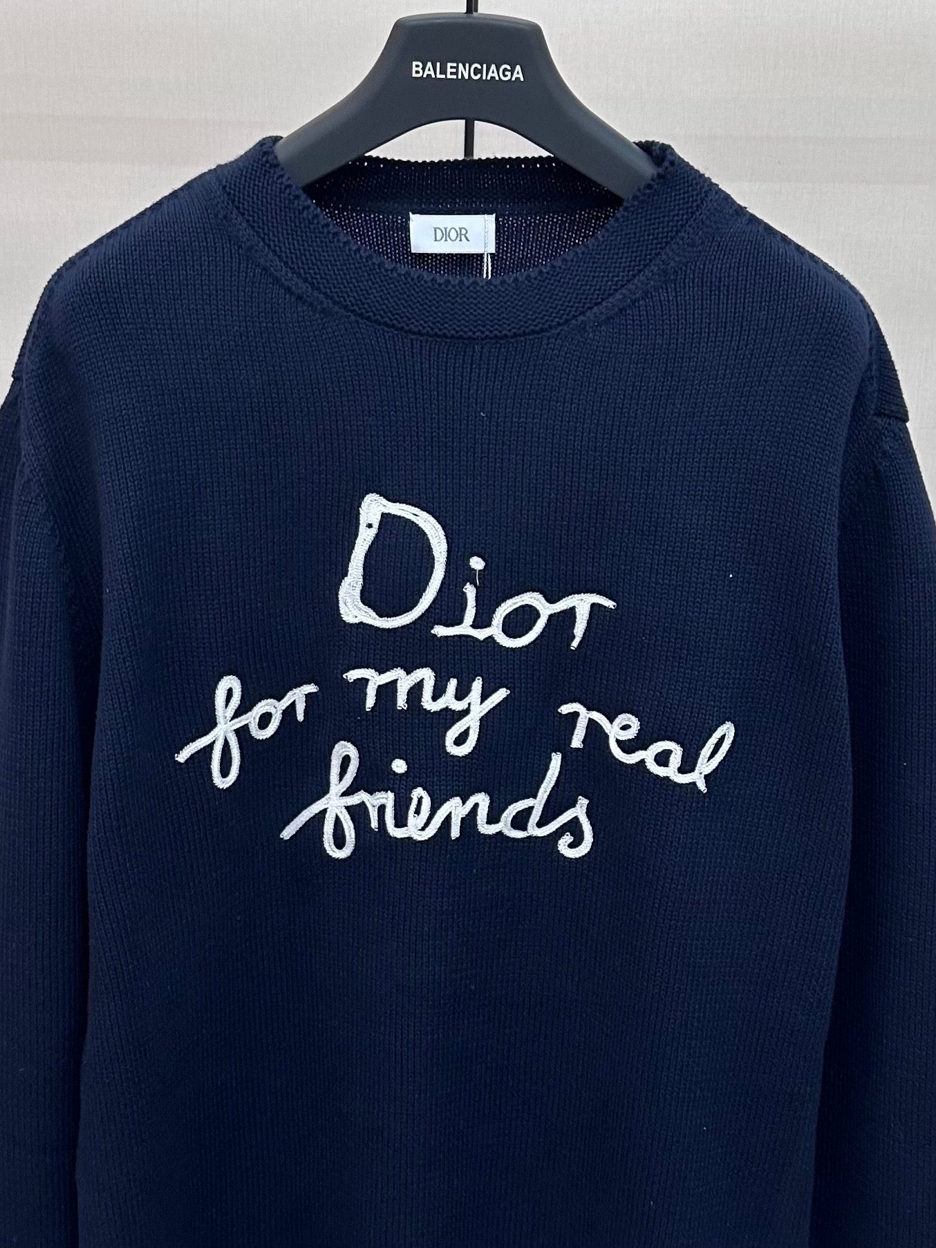 Navy Dior knit sweater front graphic 'Dior for my real friends'