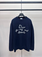 Navy Dior knit sweater with 'Dior for my real friends' front graphic