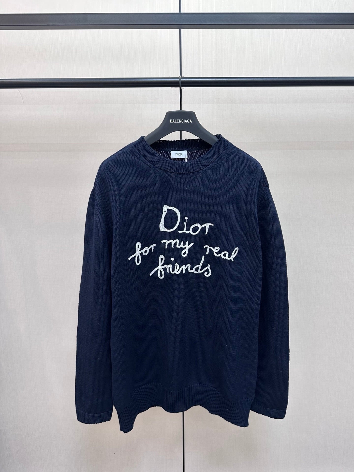 Navy Dior knit sweater with 'Dior for my real friends' front graphic