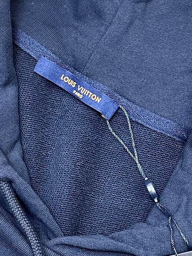 Louis Vuitton hoodie neckline label with drawstring cord and metal aglet