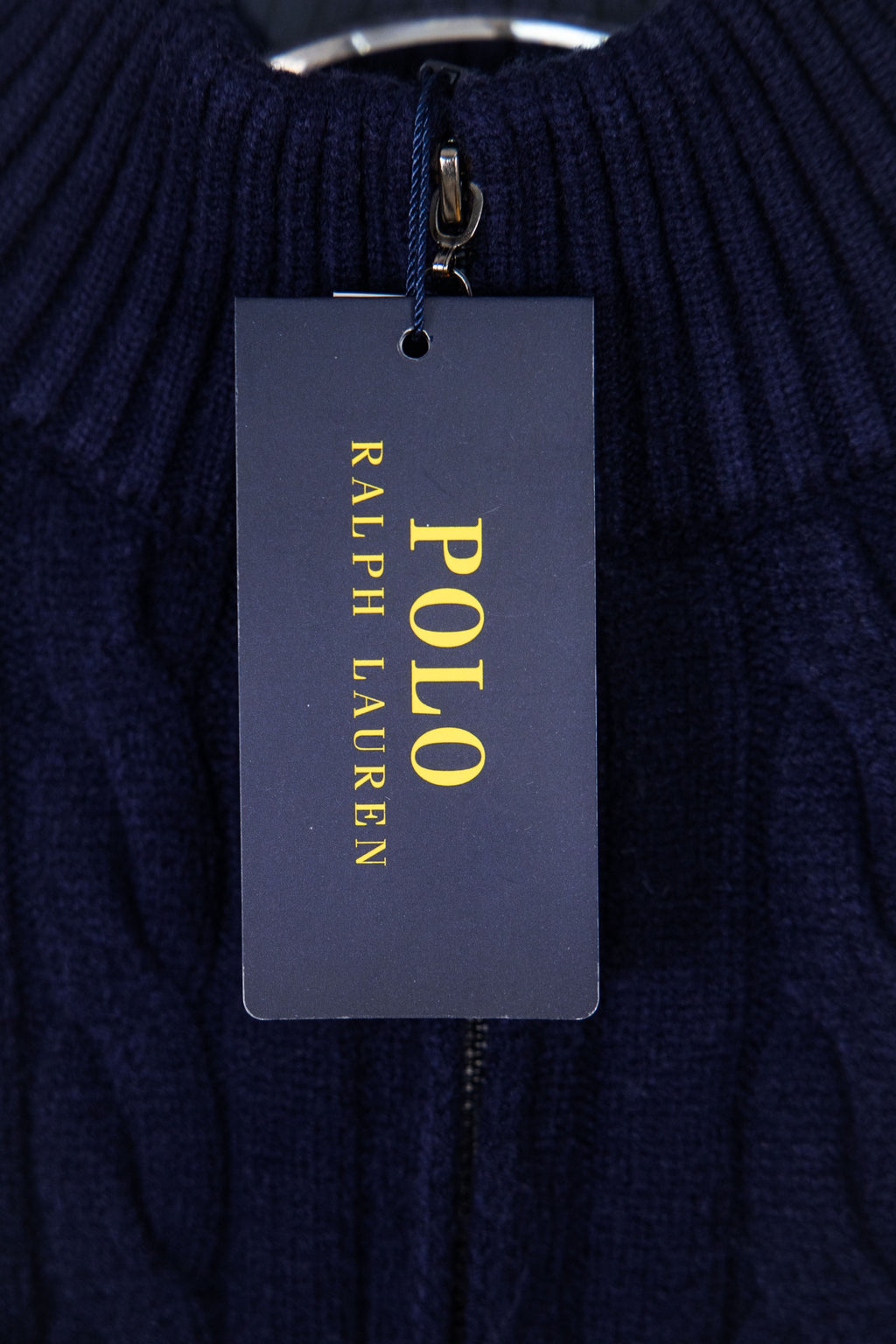 Navy quarter-zip sweater with Polo Ralph Lauren hang tag