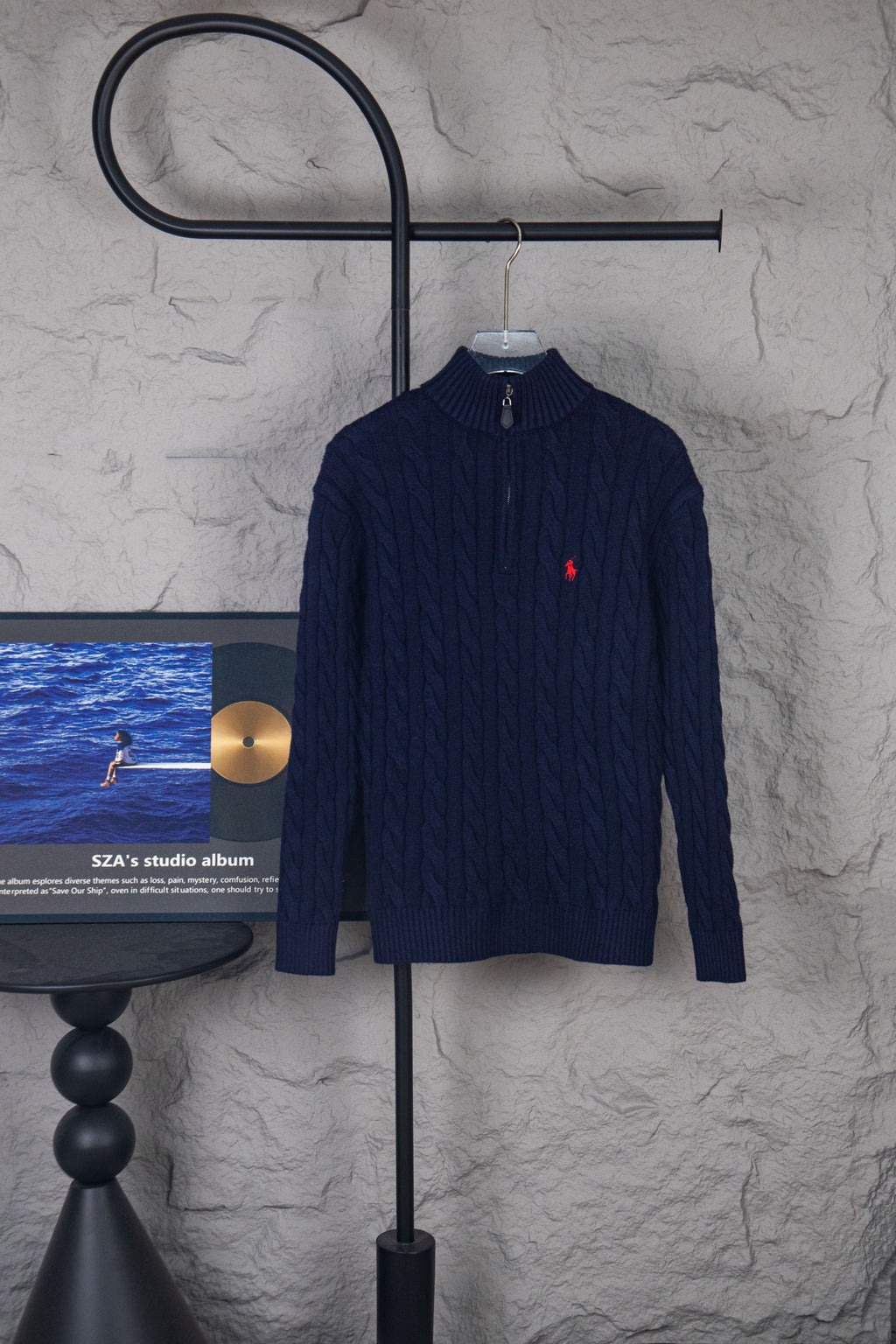 Ralph Lauren navy cable-knit quarter-zip sweater with high ribbed collar